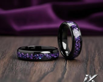 4mm 8mm Black Tungsten Ring with Amethyst Inlay, Men’s Wedding Band