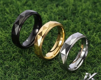 6mm Rhombic Cut Tungsten Ring for Men Women, Black/Silver/Gold Wedding Band