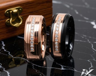 8mm Rose Gold Tungsten Ring with Cubic Zirconia Wedding/Engagement Band for Men/Women