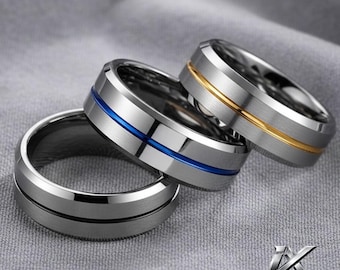 8mm Silver Tungsten Wedding Band for Men – Blue/Gray/Yellow Stripe Ring