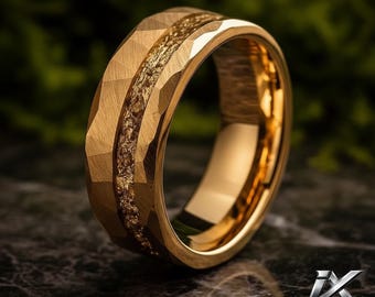 8mm Gold Hammered Tungsten Ring for Men, Luxury Wedding Band
