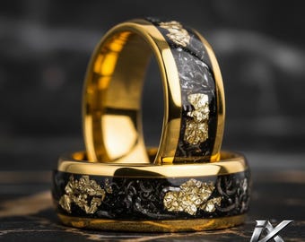 8mm Black Tungsten Ring with Meteorite & Gold Leaf Inlay – Men’s Wedding Band