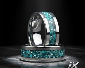 8mm Crushed Pacific Blue Opal Tungsten Ring, Silver Wedding Band for Men/Women