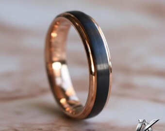 6mm Black Tungsten Ring with Rose Gold Interior, Brushed Wedding Band, Engagement Ring