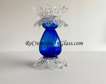 Object d'art. Garden totem. Blue upcycled glass assembled sculpture. Votive candle holder. Potpourri holder bowl.