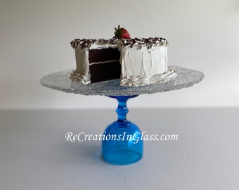 Cake plate. Pedestal cake stand. Wedding cake plate. Blue glass. Food server.
