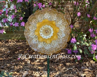 Glass flower. Garden art. Suncatcher. Forever flower. Repurposed glass. Vintage glass. Upcycled glass. Amber glass.