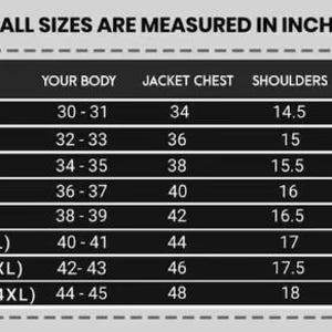 May include: A size chart in a black and white design, with measurements in inches. The chart lists sizes from XSmall to XXXXLarge, detailing body, chest, shoulder, and sleeve measurements for jackets.