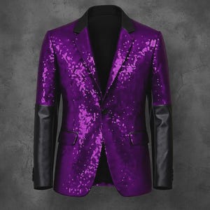 May include: A purple sequined blazer with black leather sleeves and a black collar. The single-button jacket has two front pockets and a classic lapel design. The jacket is a bold fashion statement.