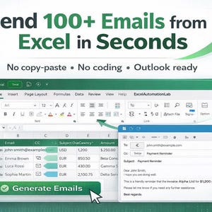May include: A computer screen displays an Excel spreadsheet with email addresses and financial data. The image promotes sending 100+ emails from Excel in seconds, with the text "No copy-paste, No coding, Outlook ready."