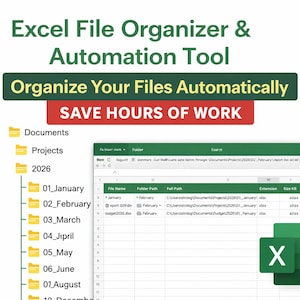 May include: An image promoting an Excel file organizer and automation tool. The text reads "Excel File Organizer & Automation Tool" and "Organize Your Files Automatically SAVE HOURS OF WORK." A spreadsheet is visible with file names and paths.