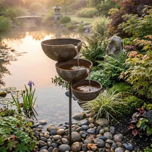 May include: A tiered outdoor water fountain with three bowl-shaped basins. Water cascades from the top basin to the bottom. The fountain is set in a garden with a pond, rocks, and lush greenery. The fountain is made of a weathered metal.