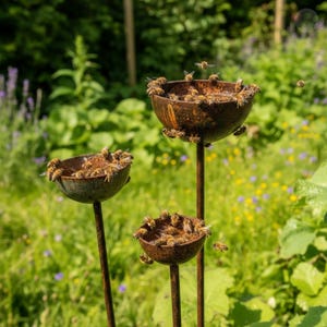 May include: Three weathered, metal bee waterers with a brown finish are shown in a garden. Each has a bowl shape, filled with water and surrounded by bees. The background features green foliage and wildflowers, typical of a British garden.