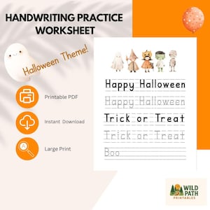 May include: A Halloween handwriting practice worksheet featuring the phrases "Happy Halloween" and "Trick or Treat". The worksheet includes illustrations of Halloween characters and is available as a printable PDF, with instant download.