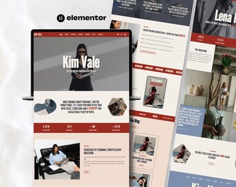 May include: A laptop screen displaying a website for Kim Vale, a social media manager and coach. The site features a dark red and cream color palette, bold white typography, and various sections including text, photography, and statistics.