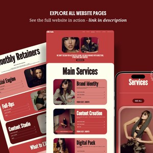 elementor wordpress theme website kit red creative feminine bold website for creatives coach consultant virtual assistant creative agency service business digital freelancer social media manager bundle instagram canva templates for solid clear consistent brand identity with main sections header footer portfolio case study page elementor blog wordpress SEO instagram neon kit carousels educational promotion