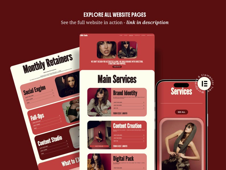 elementor wordpress theme website kit red creative feminine bold website for creatives coach consultant virtual assistant creative agency service business digital freelancer social media manager bundle instagram canva templates for solid clear consistent brand identity with main sections header footer portfolio case study page elementor blog wordpress SEO instagram neon kit carousels educational promotion