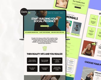 May include: A digital marketing landing page design displayed on a screen, featuring the headline Start Building Your Social Presence, sections for testimonials, and a grid of black boxes outlining common business challenges in white text.