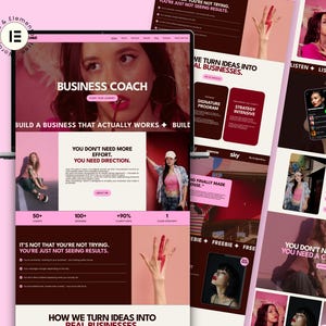 Może przedstawiać: Projekt strony internetowej w kolorach różowym i białym z tekstem "BUSINESS COACH" i "BUILD A BUSINESS THAT ACTUALLY WORKS." Projekt zawiera zdjęcia kobiety i elementy strony internetowej, dla coachingu biznesowego.
