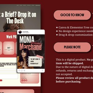elementor wordpress theme website kit red creative feminine bold website for creatives coach consultant virtual assistant creative agency service business digital freelancer social media manager bundle instagram canva templates for solid clear consistent brand identity with main sections header footer portfolio case study page elementor blog wordpress SEO instagram neon kit carousels educational promotion