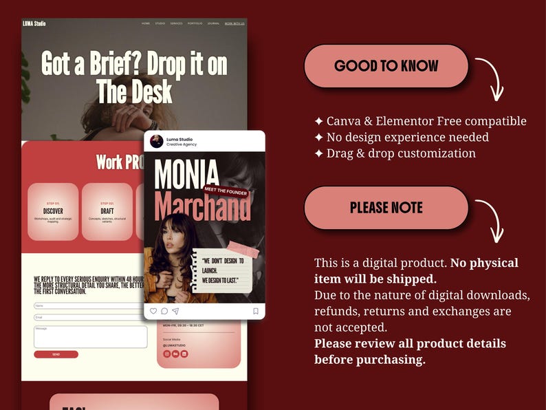 elementor wordpress theme website kit red creative feminine bold website for creatives coach consultant virtual assistant creative agency service business digital freelancer social media manager bundle instagram canva templates for solid clear consistent brand identity with main sections header footer portfolio case study page elementor blog wordpress SEO instagram neon kit carousels educational promotion