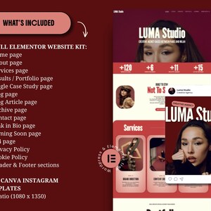 elementor wordpress theme website kit red creative feminine bold website for creatives coach consultant virtual assistant creative agency service business digital freelancer social media manager bundle instagram canva templates for solid clear consistent brand identity with main sections header footer portfolio case study page elementor blog wordpress SEO instagram neon kit carousels educational promotion