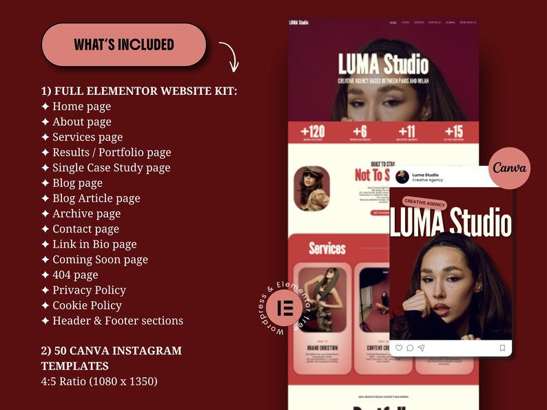 elementor wordpress theme website kit red creative feminine bold website for creatives coach consultant virtual assistant creative agency service business digital freelancer social media manager bundle instagram canva templates for solid clear consistent brand identity with main sections header footer portfolio case study page elementor blog wordpress SEO instagram neon kit carousels educational promotion
