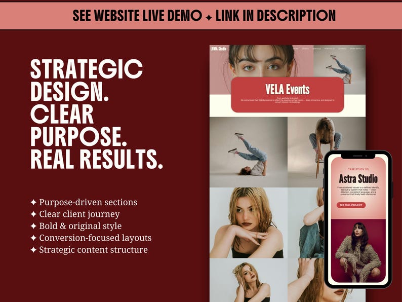 elementor wordpress theme website kit red creative feminine bold website for creatives coach consultant virtual assistant creative agency service business digital freelancer social media manager bundle instagram canva templates for solid clear consistent brand identity with main sections header footer portfolio case study page elementor blog wordpress SEO instagram neon kit carousels educational promotion