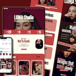 elementor wordpress theme website kit red creative feminine bold website for creatives coach consultant virtual assistant creative agency service business digital freelancer social media manager bundle instagram canva templates for solid clear consistent brand identity with main sections header footer portfolio case study page elementor blog wordpress SEO instagram neon kit carousels educational promotion
