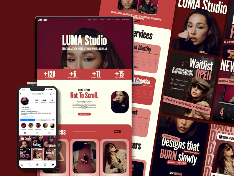 elementor wordpress theme website kit red creative feminine bold website for creatives coach consultant virtual assistant creative agency service business digital freelancer social media manager bundle instagram canva templates for solid clear consistent brand identity with main sections header footer portfolio case study page elementor blog wordpress SEO instagram neon kit carousels educational promotion