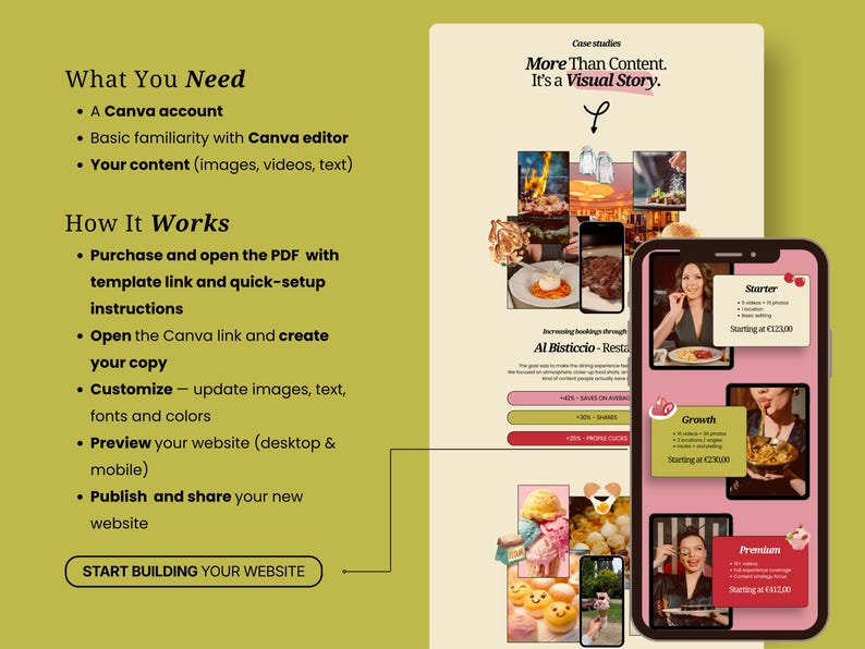 ugc portfolio one page website template canva easy to use and customize canva template for social media manager website landing page canva for influencers and service based brands, landing page canva for creative brands hero section pink and green feminine website ugc portfolio