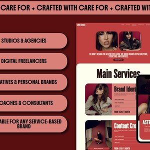 elementor wordpress theme website kit red creative feminine bold website for creatives coach consultant virtual assistant creative agency service business digital freelancer social media manager bundle instagram canva templates for solid clear consistent brand identity with main sections header footer portfolio case study page elementor blog wordpress SEO instagram neon kit carousels educational promotion