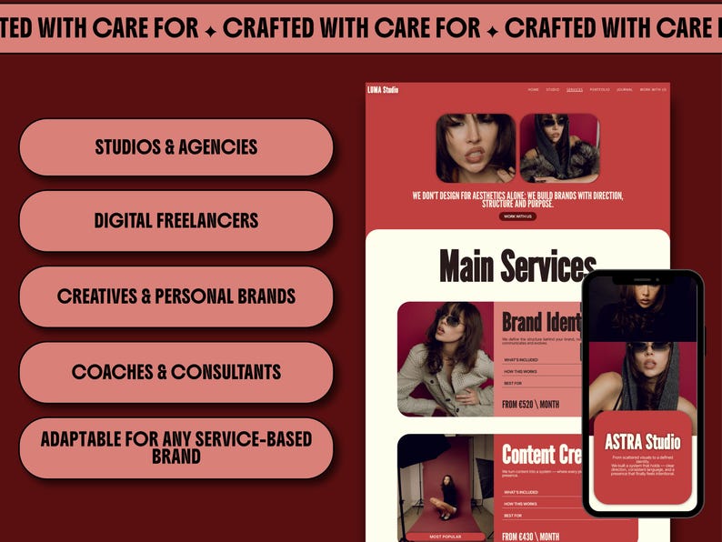elementor wordpress theme website kit red creative feminine bold website for creatives coach consultant virtual assistant creative agency service business digital freelancer social media manager bundle instagram canva templates for solid clear consistent brand identity with main sections header footer portfolio case study page elementor blog wordpress SEO instagram neon kit carousels educational promotion