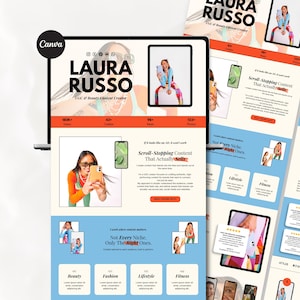 Può includere: Un modello di portfolio digitale per una content creator di nome Laura Russo, con un layout color crema e blu, tipografia nera, segnaposto per foto, icone social e sezioni dedicate a servizi, testimonianze e statistiche.