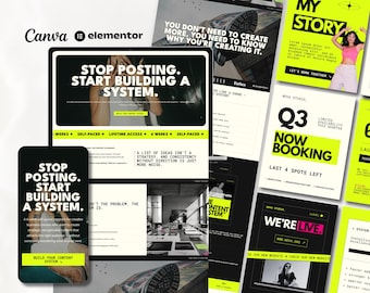 May include: A digital display of marketing materials featuring Canva and Elementor branding. The layout includes multiple screens and posters with black, white, and neon yellow color schemes, displaying text such as Stop Posting, Start Building a System, My Story, and Q3 Now Booking.