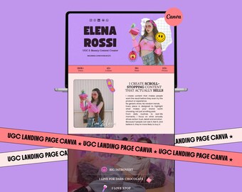 May include: A digital landing page design on a tablet, featuring the name "ELENA ROSSI" and the text "UGC & Beauty Content Creator." The design includes images, social media metrics, and the text "I CREATE SCROLL-STOPPING CONTENT THAT ACTUALLY SELLS."