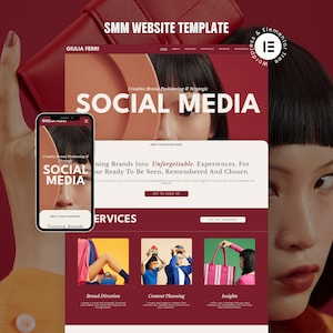 May include: A digital marketing website template with the text "SMM WEBSITE TEMPLATE" and "SOCIAL MEDIA". The design features a smartphone displaying the website, a woman's face, and a red and white color scheme. The website offers services like brand direction and content planning.