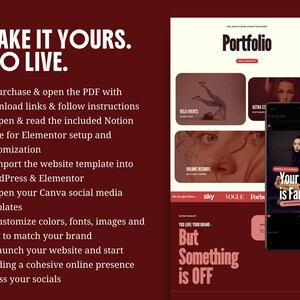 elementor wordpress theme website kit red creative feminine bold website for creatives coach consultant virtual assistant creative agency service business digital freelancer social media manager bundle instagram canva templates for solid clear consistent brand identity with main sections header footer portfolio case study page elementor blog wordpress SEO instagram neon kit carousels educational promotion
