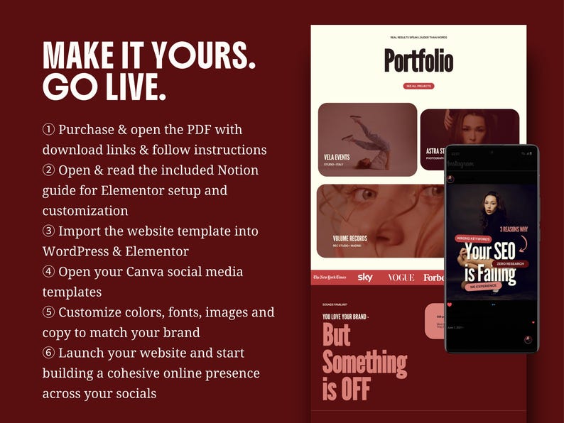 elementor wordpress theme website kit red creative feminine bold website for creatives coach consultant virtual assistant creative agency service business digital freelancer social media manager bundle instagram canva templates for solid clear consistent brand identity with main sections header footer portfolio case study page elementor blog wordpress SEO instagram neon kit carousels educational promotion
