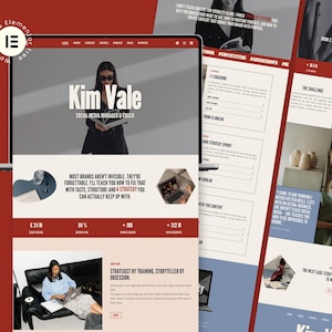 Puede incluir: Diseño de sitio web con Kim Vale, gerente y coach de redes sociales. El diseño utiliza una combinación de colores rojo, blanco y negro. El sitio web incluye texto, imágenes y estadísticas. El texto incluye la frase "Most brands aren't invisible."