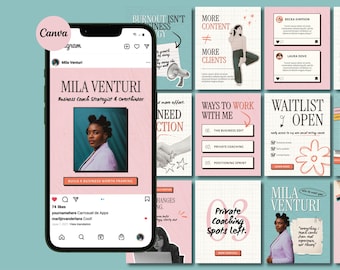May include: A smartphone displaying an Instagram feed featuring a grid of social media templates for a business coach named Mila Venturi. The templates use a color palette of soft pink, white, and teal, incorporating grid lines, text, and photos.