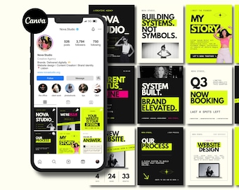 May include: A smartphone displaying an Instagram profile for Nova Studio, a creative agency. The profile shows posts with black, white, and neon green graphics. The posts feature text like "Building Systems, Not Symbols" and "My Story."