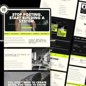 May include: A digital display of a website landing page featuring a black, white, and neon yellow colour scheme. The text reads Stop Posting. Start Building A System. The layout includes sections for course modules, student testimonials, and strategy guides.