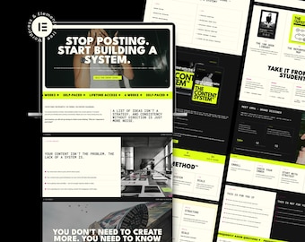 May include: A digital display of a website landing page featuring a black, white, and neon yellow color scheme. The text reads Stop Posting. Start Building A System. The layout includes sections for course modules, student testimonials, and strategy guides.