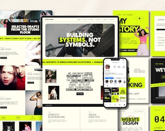 May include: A digital display showing a website interface for Nova Studio with a black and neon yellow color scheme. The screen features bold text reading BUILDING SYSTEMS. NOT SYMBOLS. and WE ENGINEER BRAND IDENTITIES FROM THE STUDS UP.