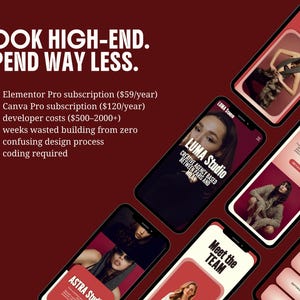 elementor wordpress theme website kit red creative feminine bold website for creatives coach consultant virtual assistant creative agency service business digital freelancer social media manager bundle instagram canva templates for solid clear consistent brand identity with main sections header footer portfolio case study page elementor blog wordpress SEO instagram neon kit carousels educational promotion
