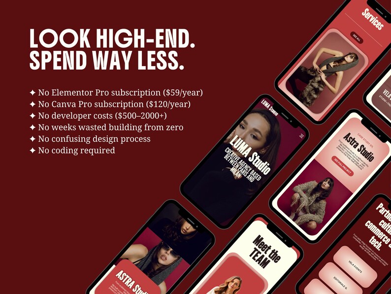 elementor wordpress theme website kit red creative feminine bold website for creatives coach consultant virtual assistant creative agency service business digital freelancer social media manager bundle instagram canva templates for solid clear consistent brand identity with main sections header footer portfolio case study page elementor blog wordpress SEO instagram neon kit carousels educational promotion