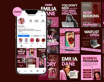 May include: A smartphone displays an Instagram profile for "Emilia Dane," a business coach, with a pink and white aesthetic. The profile showcases posts, including graphics with text like "New Service" and "Business Program."