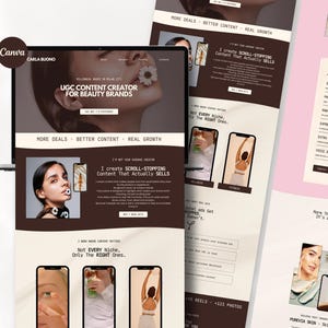 Plantilla de Canva para portafolio UGC, elegante creador de contenido web, editable, femenina, para página de inicio de Canva.