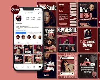 May include: A smartphone displays a social media profile for "Luma Studio," a creative agency. The screen shows posts, followers, and a website link. Surrounding the phone are promotional graphics with text like "Now Hiring" and "New Website."